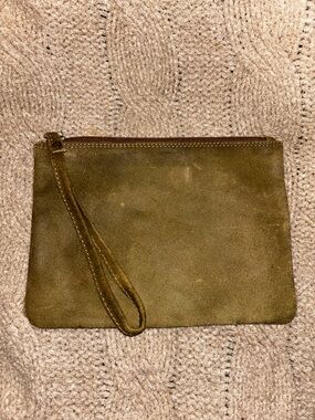 Great American Leather Works Army Green / Brown Leather Zip Wristlet Clutch